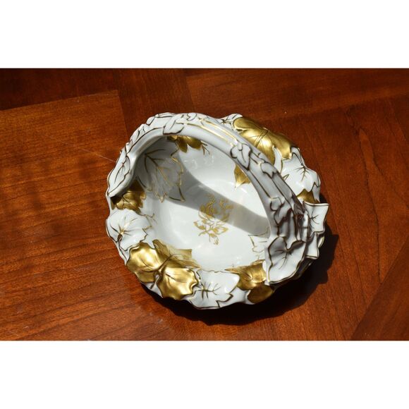Von Schierholz German Porcelain Basket Gold Gilded Leaves Handmalerei Rose - Picture 4 of 6